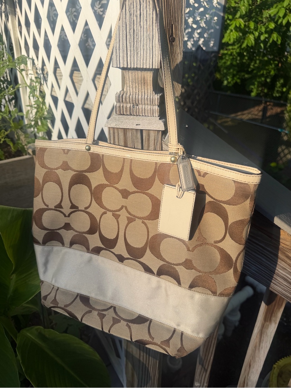 Coach Tan/Brown Signature Canvas Tote with Cream Accent